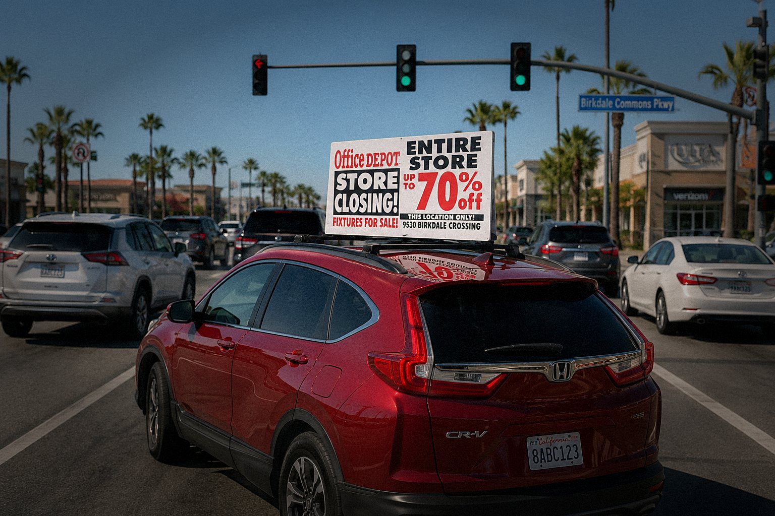 Office Depot store closing car-top sign at busy intersection