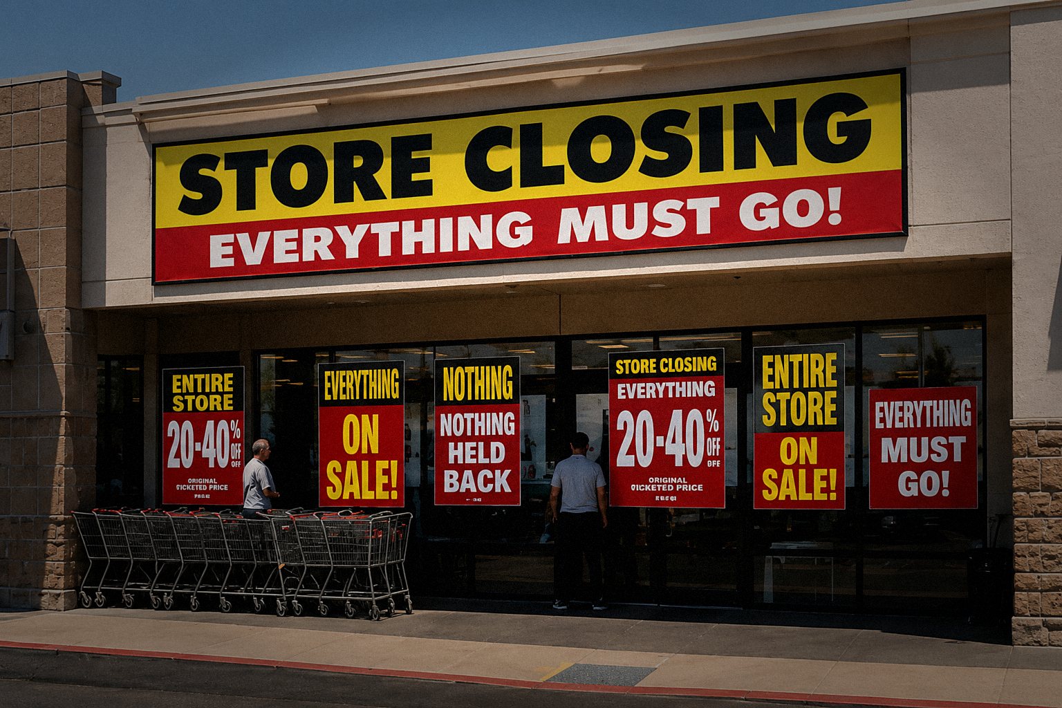 Storefront with Store Closing Everything Must Go banners